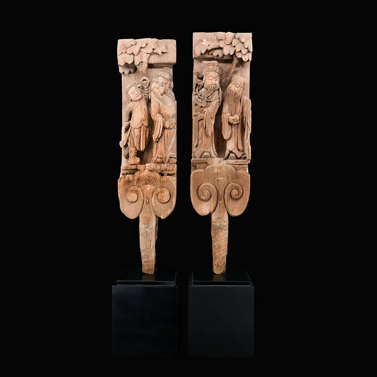 FU LU SHOU 2 Stars Carving Cheng Gong with Stand Antique Elm Wood  | OVO