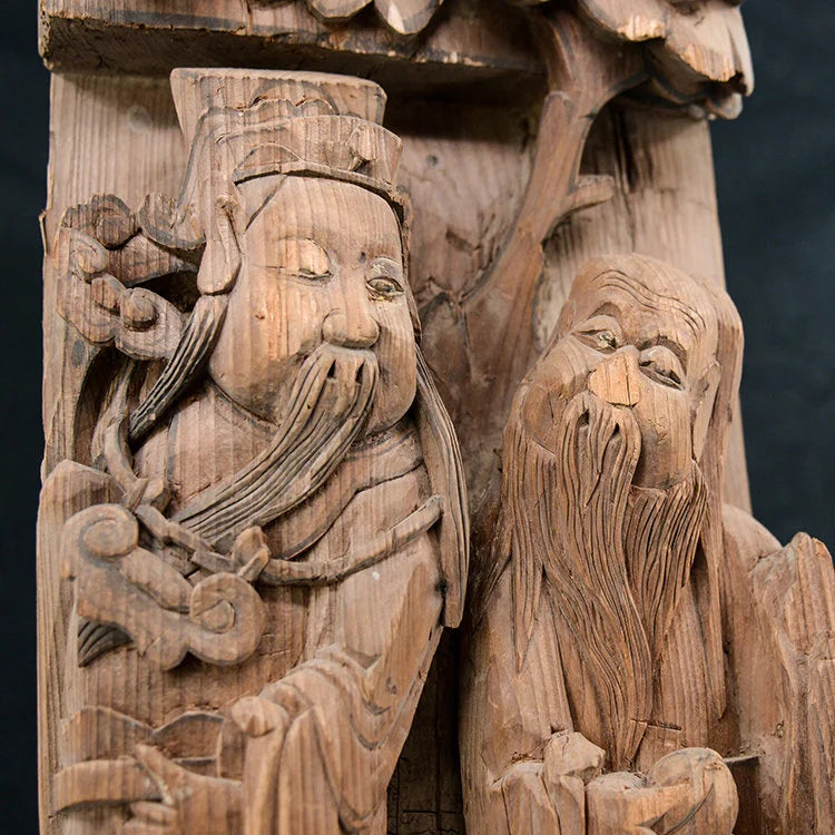 FU LU SHOU 2 Stars Carving Cheng Gong with Stand Antique Elm Wood  | OVO