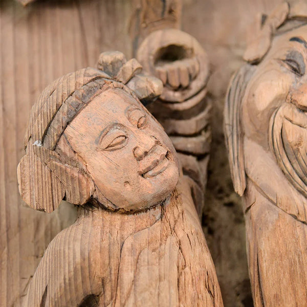 FU LU SHOU 2 Stars Carving Cheng Gong with Stand Antique Elm Wood  | OVO