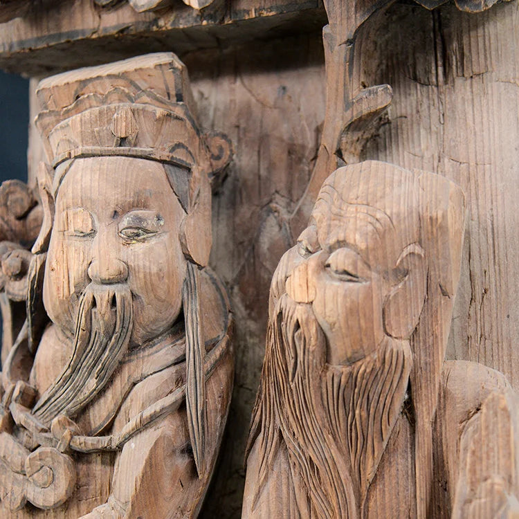 FU LU SHOU 2 Stars Carving Cheng Gong with Stand Antique Elm Wood  | OVO