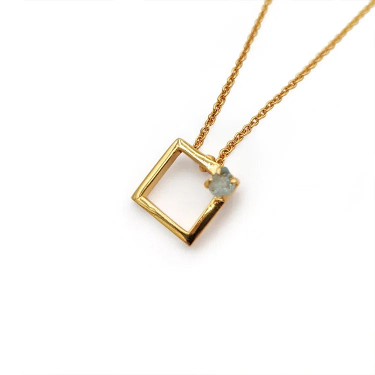 BRASS Square Pendant Necklace with Gem Stone