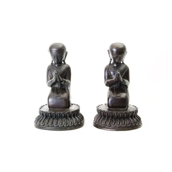 BRONZE Sitting Monk with Lotus Base #2 Pair with Stand