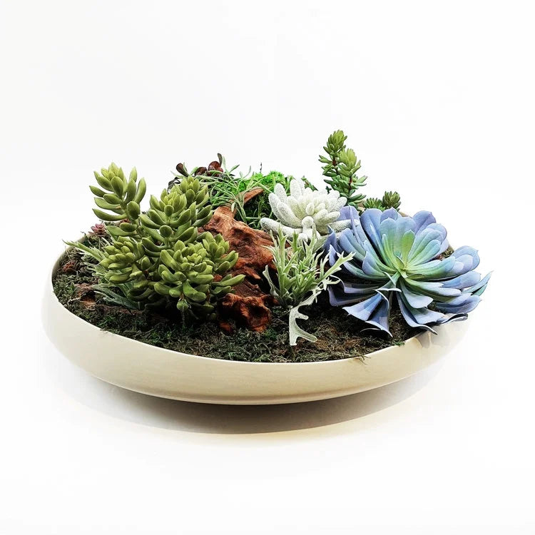 CERAMIC Flat Pot with Artificial Flower | OVO