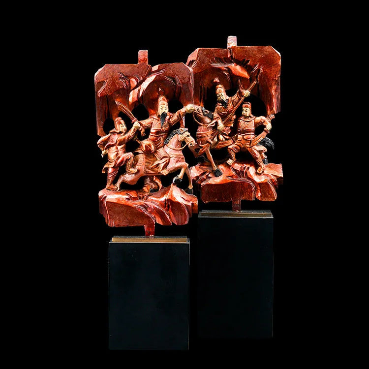 CHENG GONG Antique Elm Wood Minguo Carving with Stand #1 , Set of 2