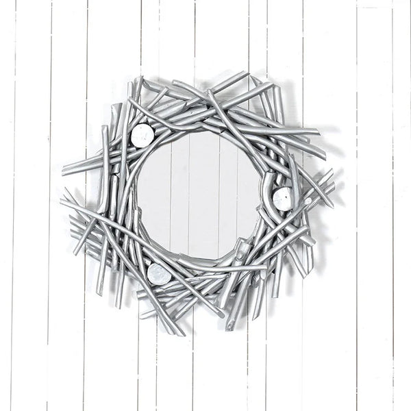 TEAK Branches Round Mirror - Silver