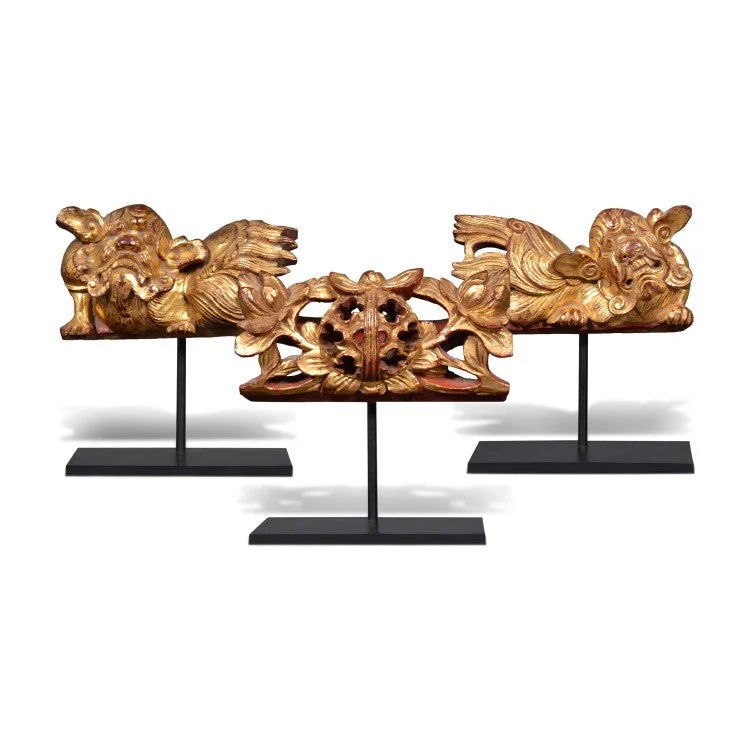 WOOD Lion & Flower with Stand (set of 3)